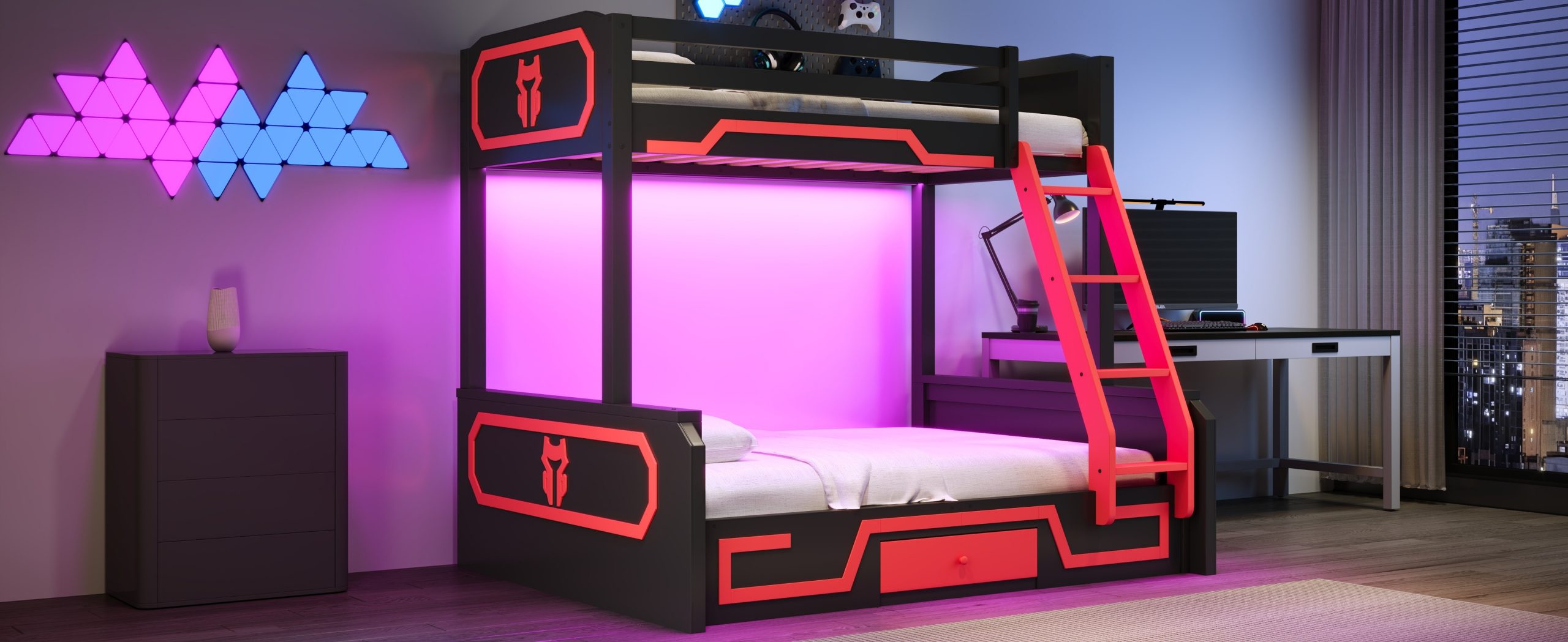 Twin over Full Bunk Bed with LED Light Strip, Drawer and Ladder