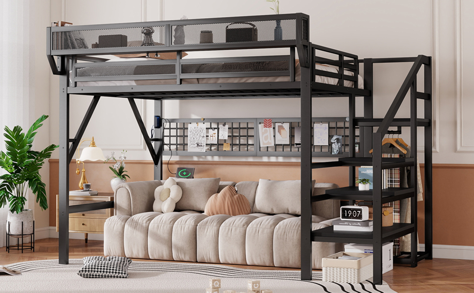 Metal Full Loft Bed with Light and Storage and Charging Station
