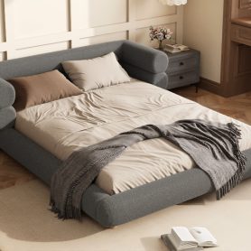 Queen Size Upholstered Platform Bed Frame with Unique Layered Bolster Headboard