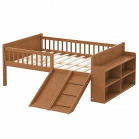Platform Full Size Bed with Storage Shelf, Guardrail, Slide and Ladder