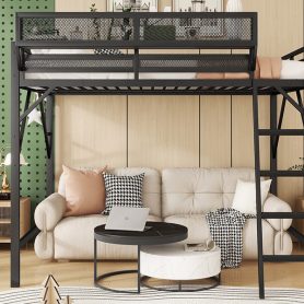 Metal Full Size Loft Bed With Ladder and Storage Shelves