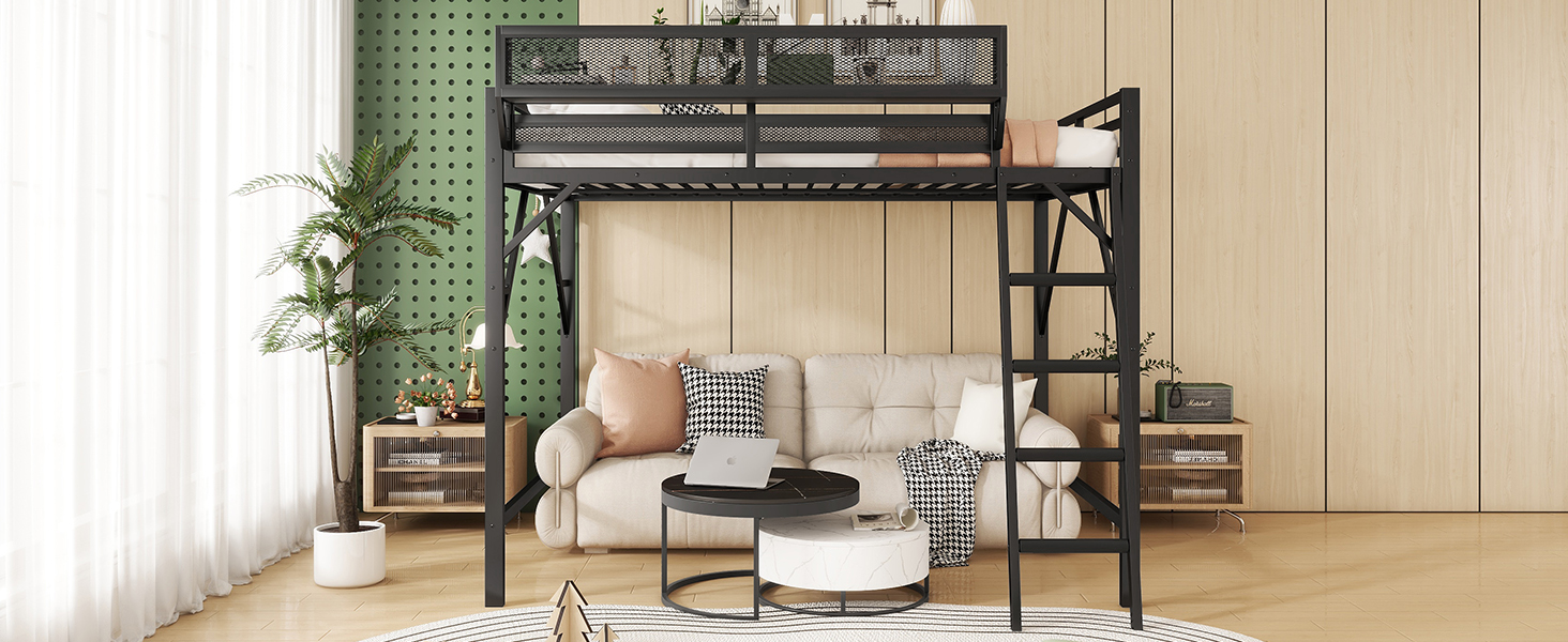 Metal Full Size Loft Bed With Ladder and Storage Shelves