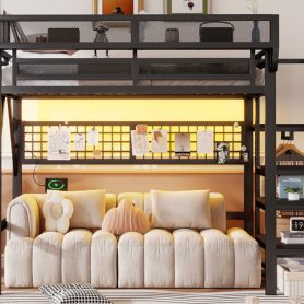 Metal Full Loft Bed with Light and Storage and Charging Station