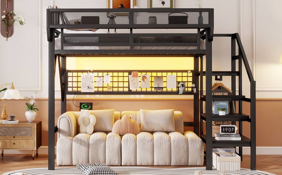 Metal Full Loft Bed with Light and Storage and Charging Station
