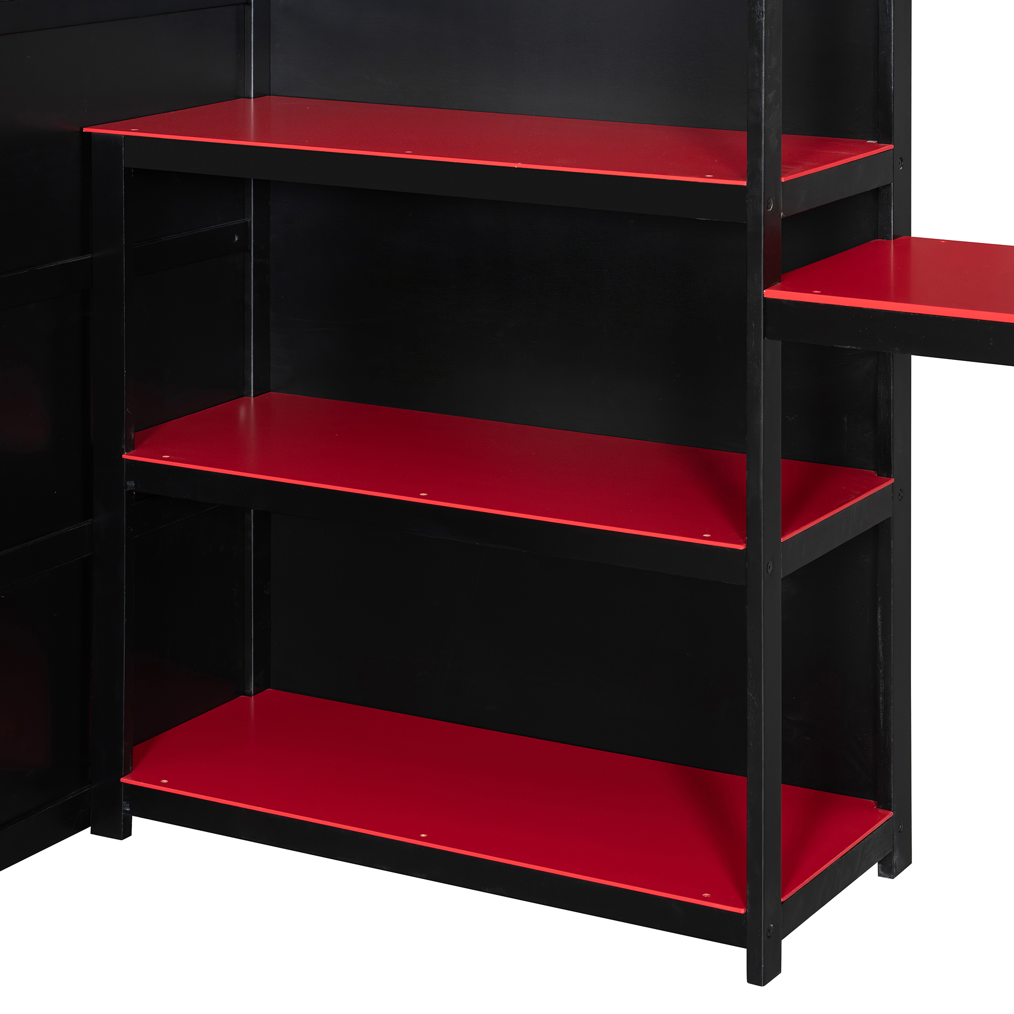 Full Size Wooden Gaming Loft Bed with Storage Shelves, Desk, USB & Power Outlet, and LED Light