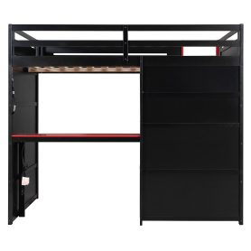 Full Size Wooden Gaming Loft Bed with Storage Shelves, Desk, USB & Power Outlet, and LED Light
