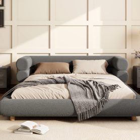 Queen Size Upholstered Platform Bed Frame with Unique Layered Bolster Headboard