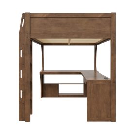 Full Size Loft Bed with L- Shape Desk, Storage Shelves, LED and Charging Station