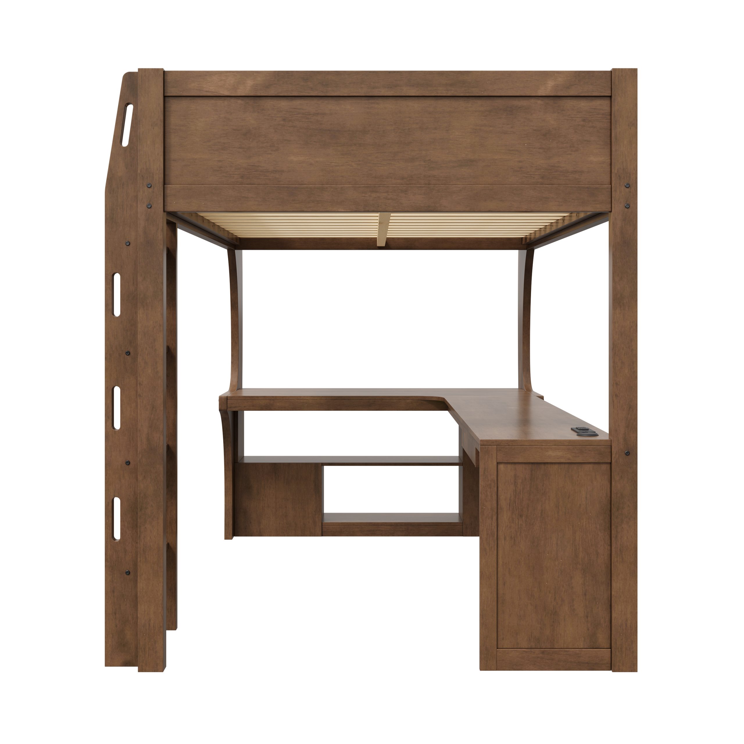 Full Size Loft Bed with L- Shape Desk, Storage Shelves, LED and Charging Station