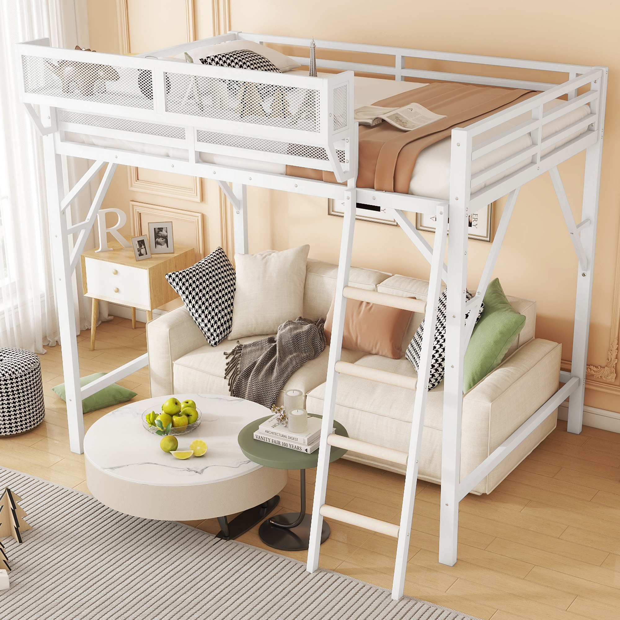Metal Queen Size Loft Bed With Ladder and Storage Shelves