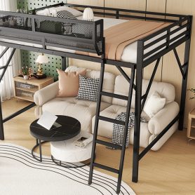 Metal Full Size Loft Bed With Ladder and Storage Shelves