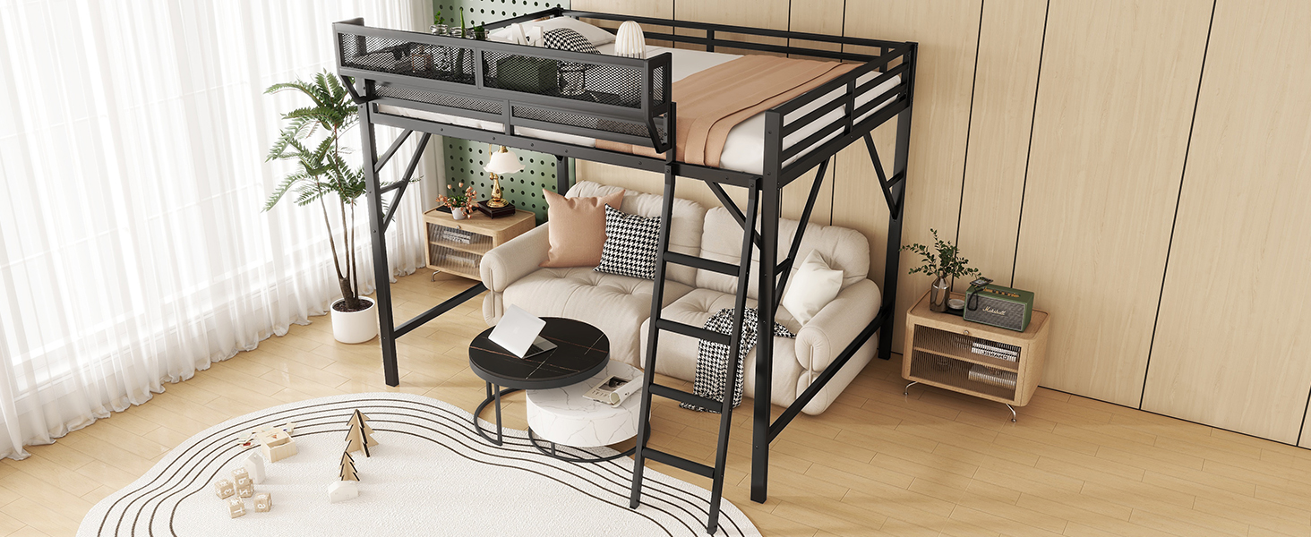 Metal Full Size Loft Bed With Ladder and Storage Shelves