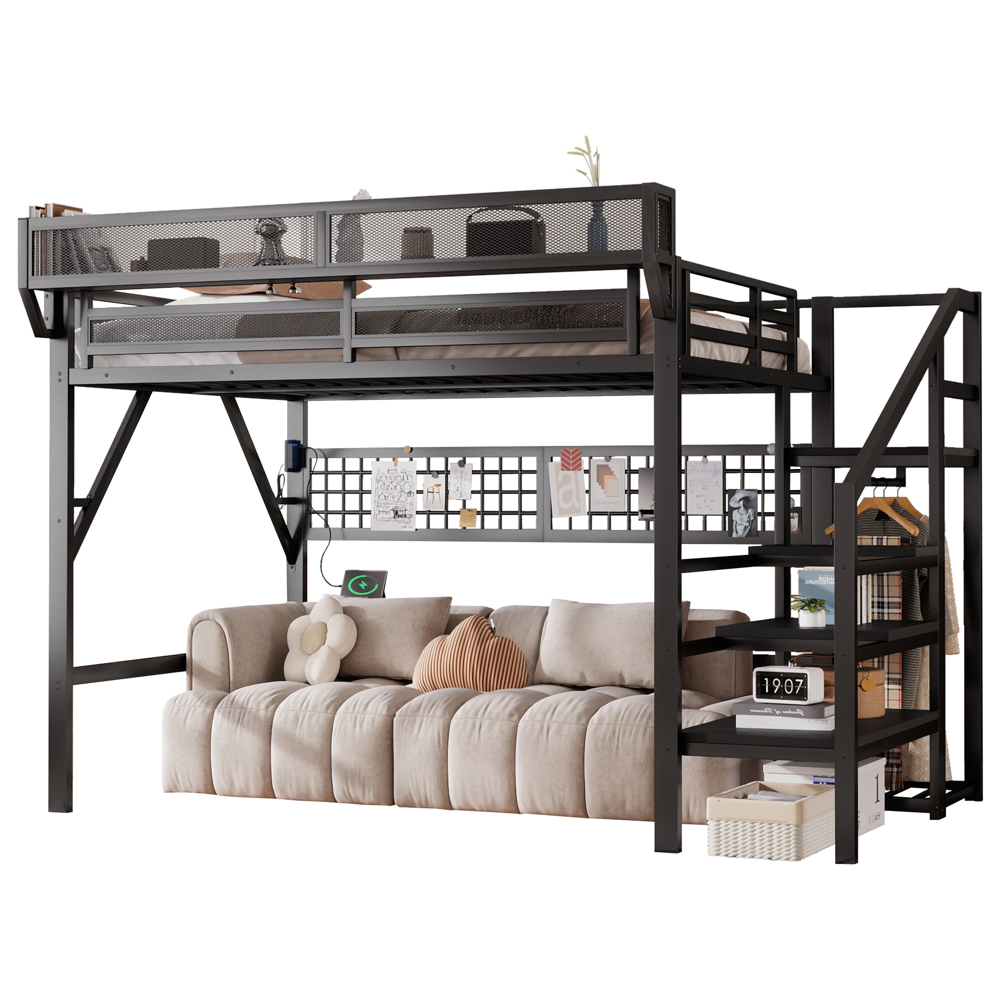 Metal Full Loft Bed with Light and Storage and Charging Station