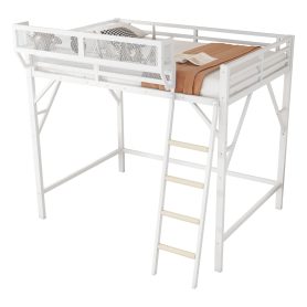 Metal Queen Size Loft Bed With Ladder and Storage Shelves