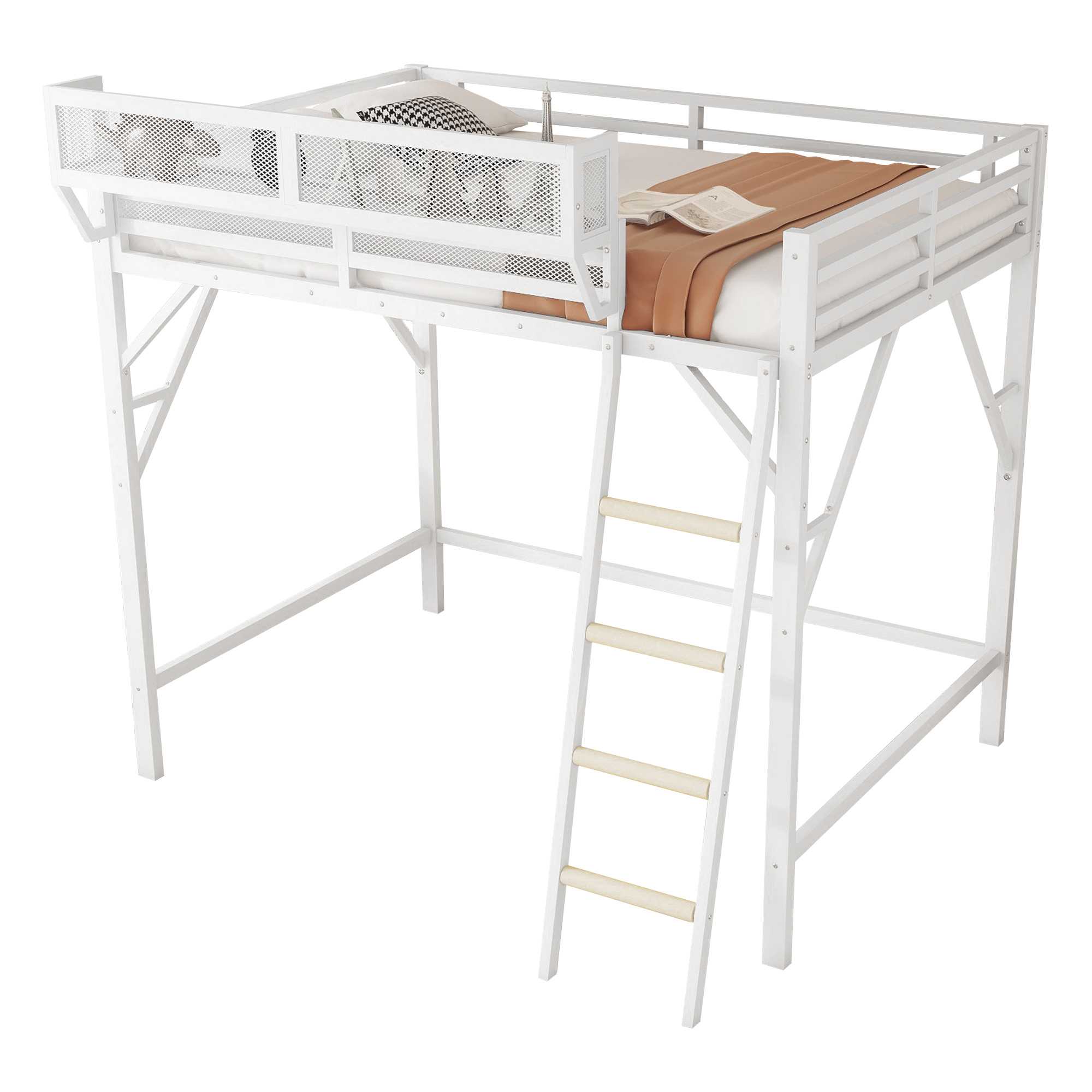 Metal Queen Size Loft Bed With Ladder and Storage Shelves