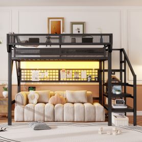 Metal Full Loft Bed with Light and Storage and Charging Station