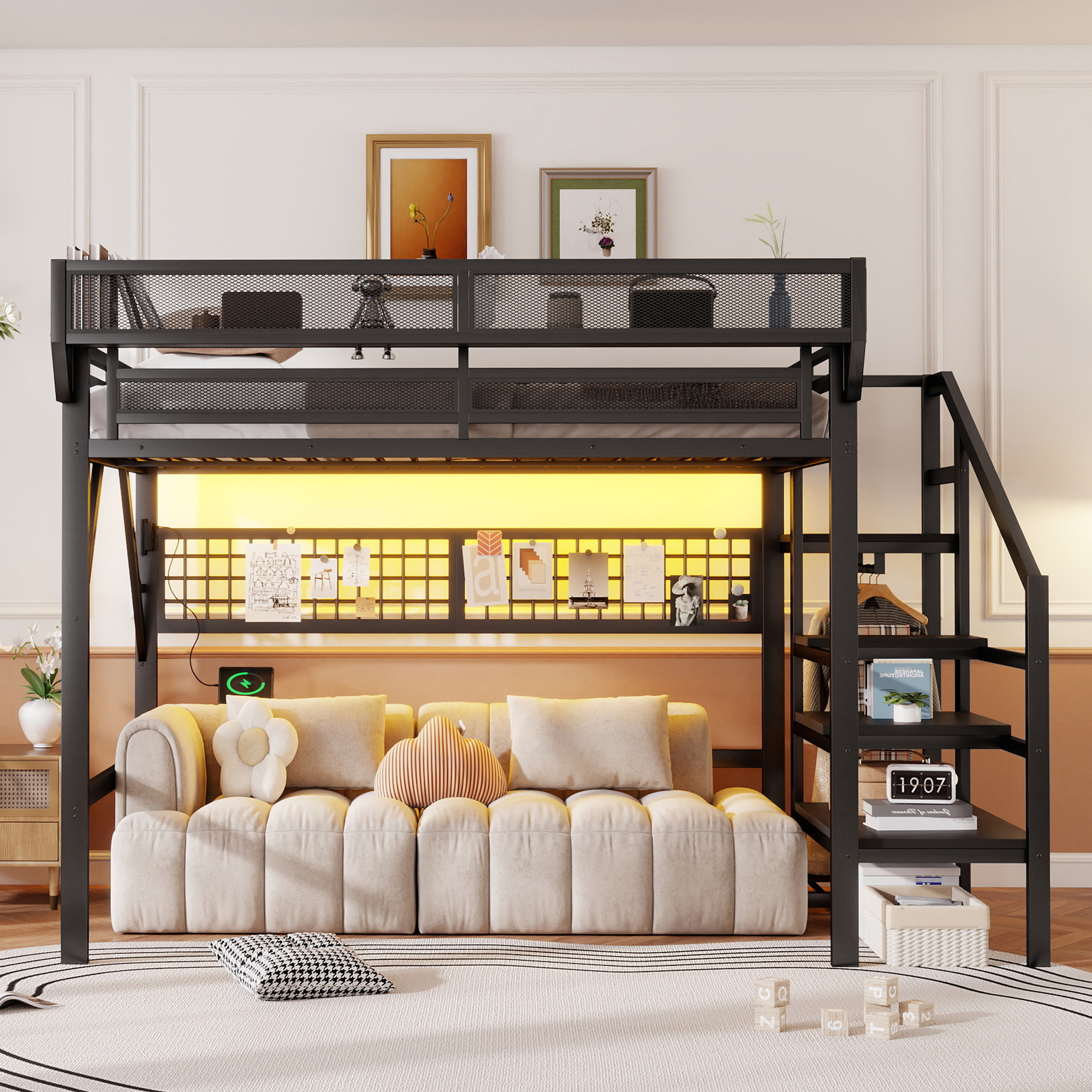 Metal Full Loft Bed with Light and Storage and Charging Station