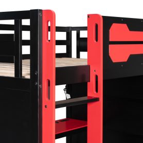 Full Size Wooden Gaming Loft Bed with Storage Shelves, Desk, USB & Power Outlet, and LED Light