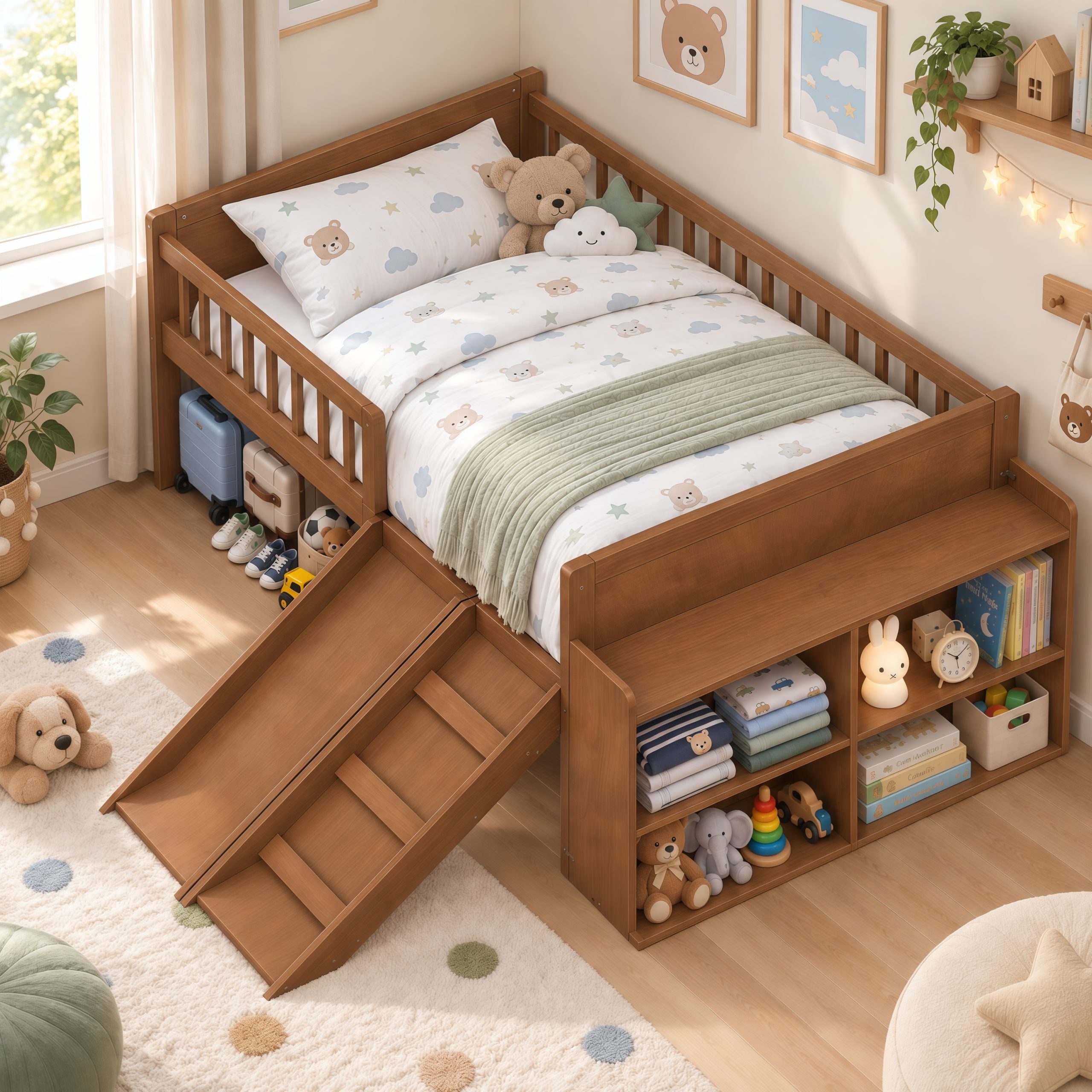 Platform Full Size Bed with Storage Shelf, Guardrail, Slide and Ladder