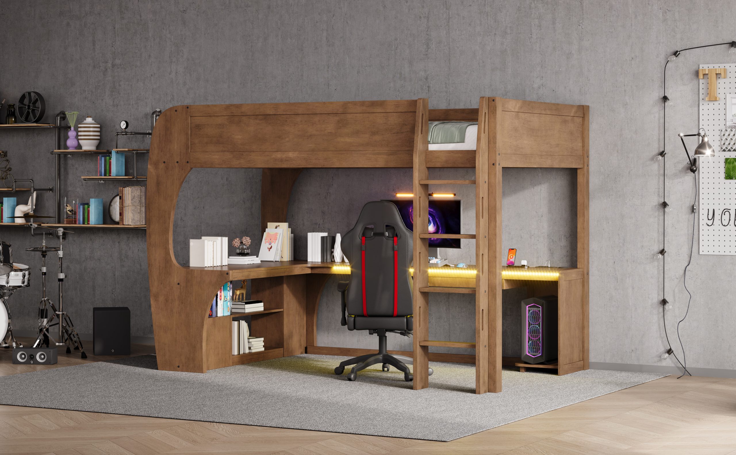 Full Size Loft Bed with L- Shape Desk, Storage Shelves, LED and Charging Station