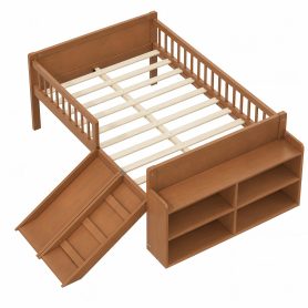 Platform Full Size Bed with Storage Shelf, Guardrail, Slide and Ladder