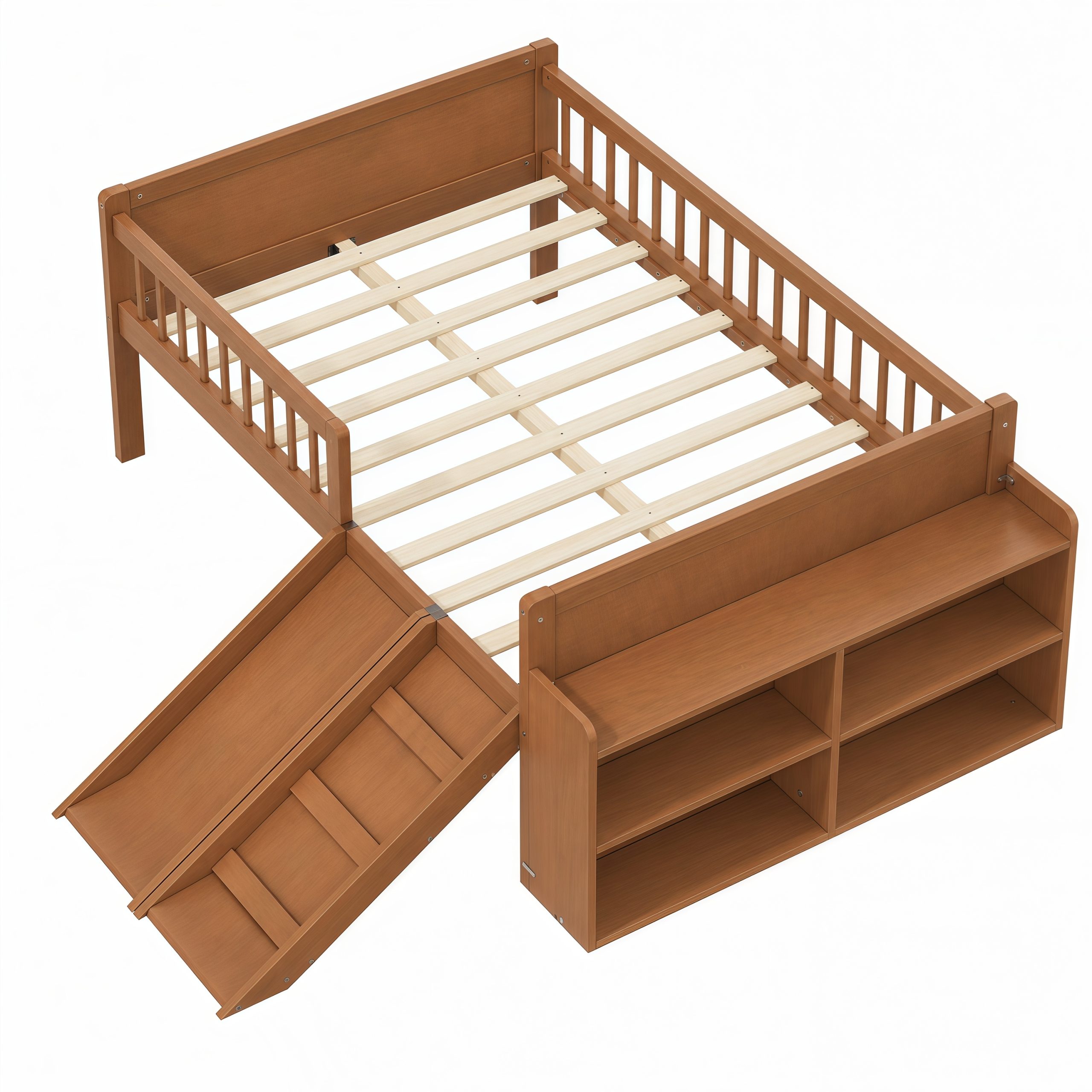 Platform Full Size Bed with Storage Shelf, Guardrail, Slide and Ladder