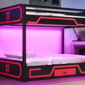 Full over Full Bunk Bed with LED Light Strip, Drawer and Ladder