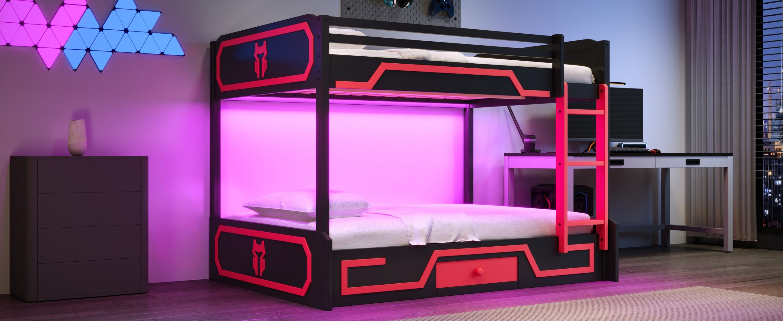 Full over Full Bunk Bed with LED Light Strip, Drawer and Ladder