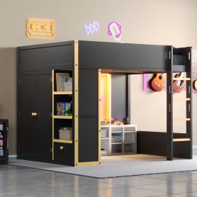 Queen Size Loft Bed with Cabinet, Storage Shelves and Drawer, LED Strip