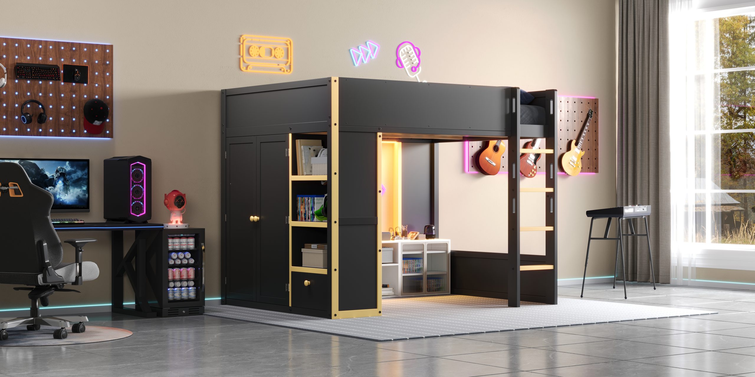 Queen Size Loft Bed with Cabinet, Storage Shelves and Drawer, LED Strip