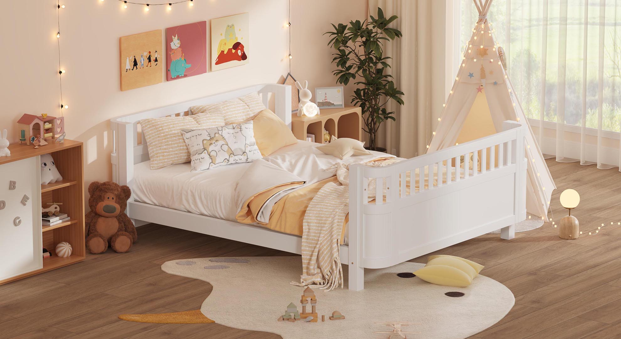 Wood Low Profile Queen Bed with Rails for Girls and Boys