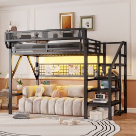 Metal Full Loft Bed with Light and Storage and Charging Station
