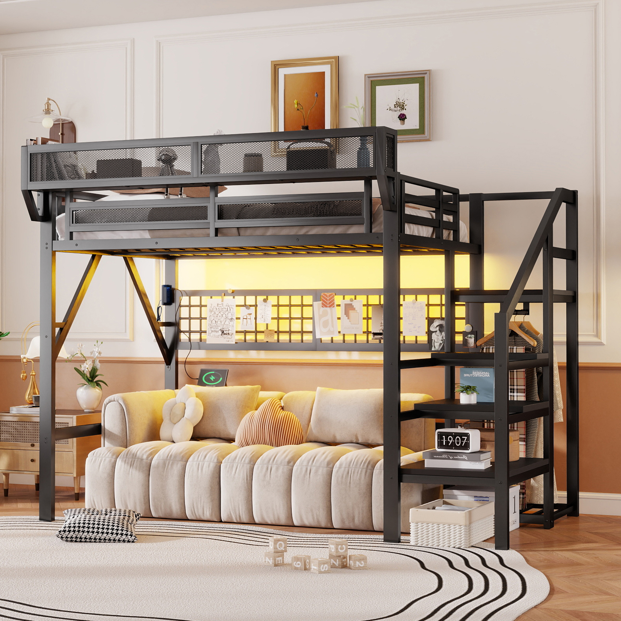 Metal Full Loft Bed with Light and Storage and Charging Station