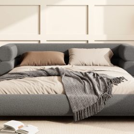 Queen Size Upholstered Platform Bed Frame with Unique Layered Bolster Headboard