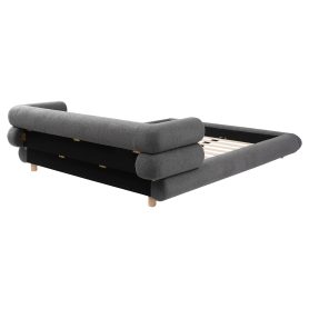 Queen Size Upholstered Platform Bed Frame with Unique Layered Bolster Headboard