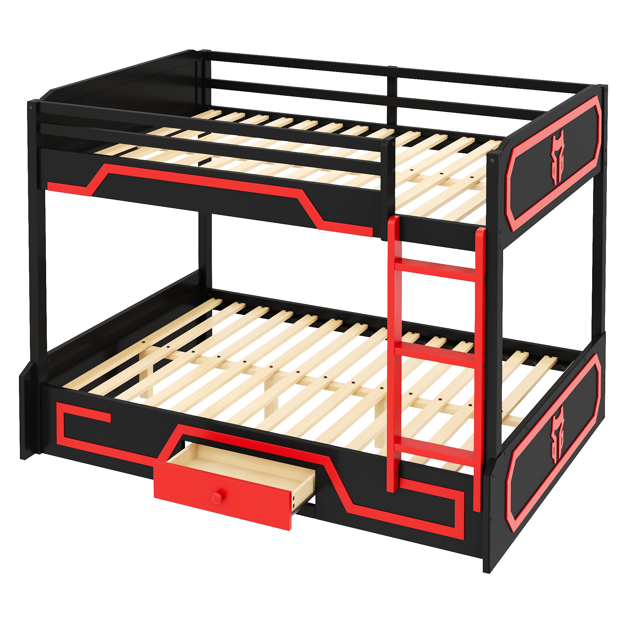 Full over Full Bunk Bed with LED Light Strip, Drawer and Ladder