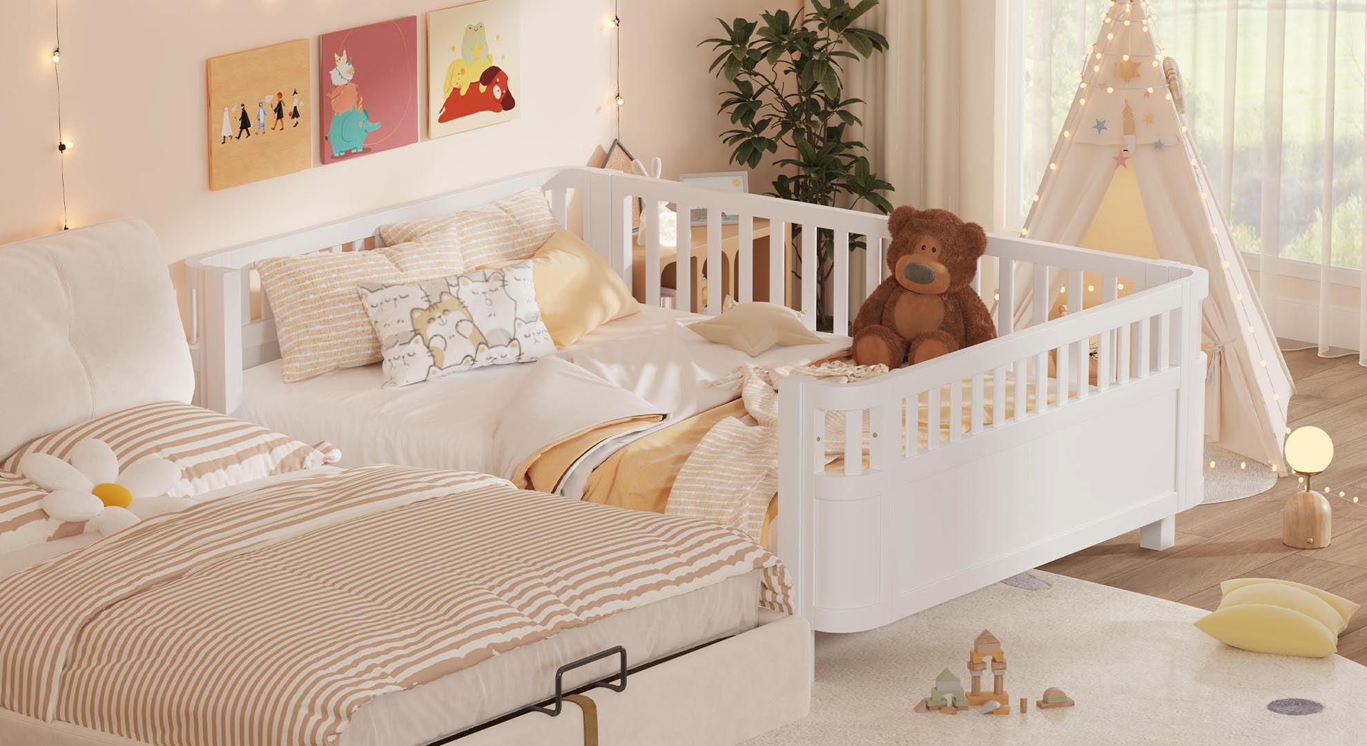 Wood Low Profile Queen Bed with Rails for Girls and Boys