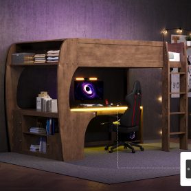 Full Size Loft Bed with L- Shape Desk, Storage Shelves, LED and Charging Station