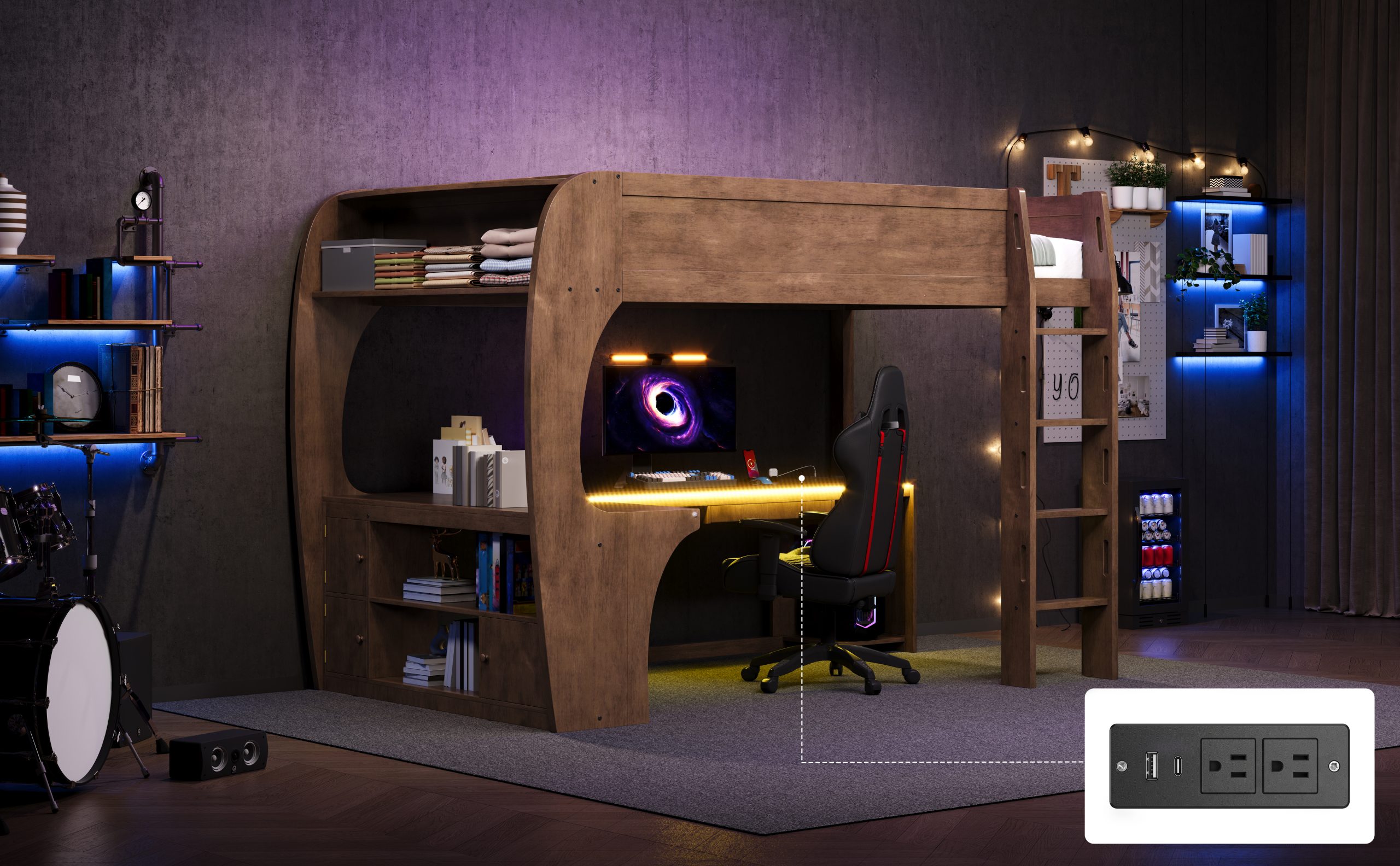 Full Size Loft Bed with L- Shape Desk, Storage Shelves, LED and Charging Station