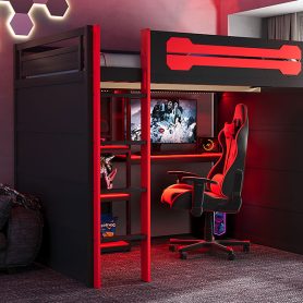 Full Size Wooden Gaming Loft Bed with Storage Shelves, Desk, USB & Power Outlet, and LED Light