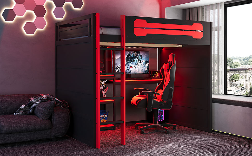 Full Size Wooden Gaming Loft Bed with Storage Shelves, Desk, USB & Power Outlet, and LED Light