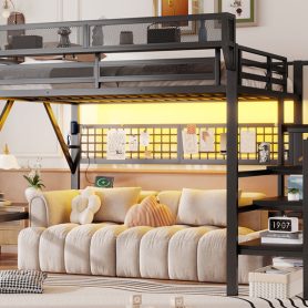Metal Full Loft Bed with Light and Storage and Charging Station