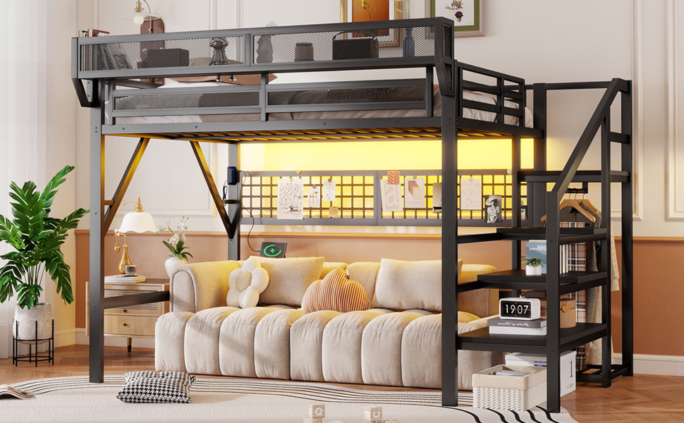 Metal Full Loft Bed with Light and Storage and Charging Station