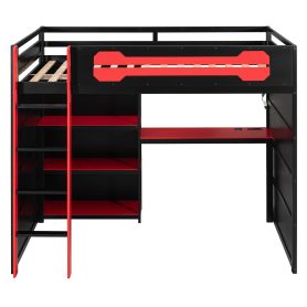 Full Size Wooden Gaming Loft Bed with Storage Shelves, Desk, USB & Power Outlet, and LED Light