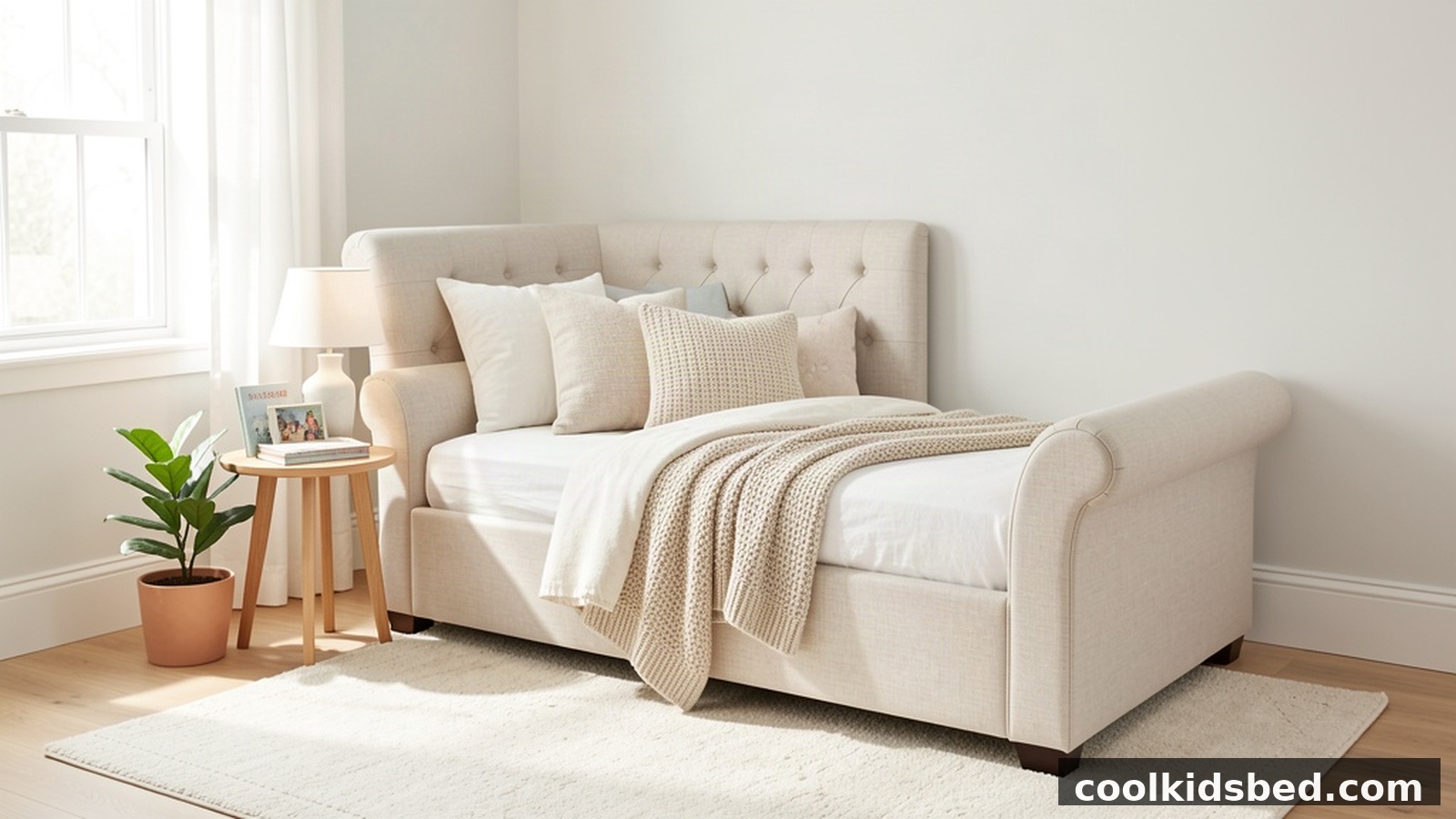 twin size upholstered daybed in a bright kids bedroom