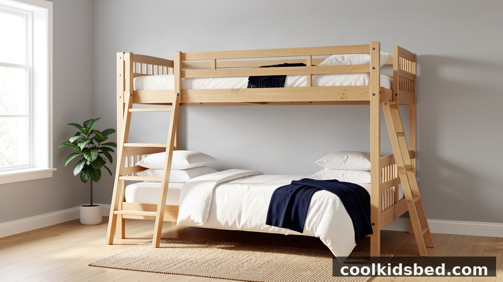 Wood convertible bunk bed with slatted headboard and full-length safety guardrails in a kids bedroom
