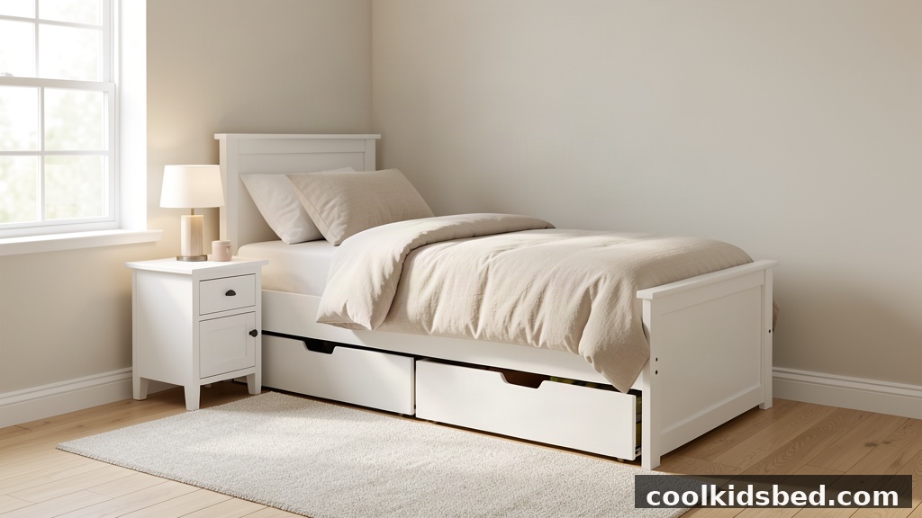 Wood twin bed frame with storage drawers in a kids bedroom