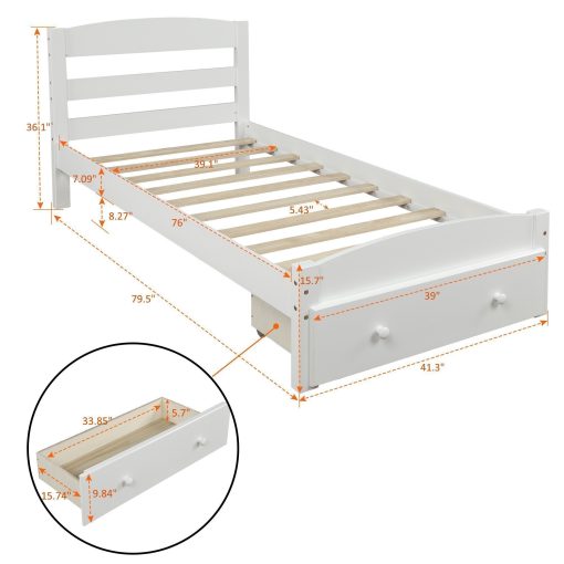 Platform Twin Bed Frame with Storage Drawer and Wood Slat Support - Image 2