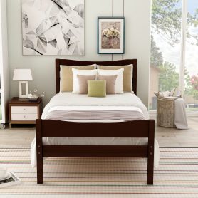 Wood Platform Bed with Headboard and Wooden Slat Support